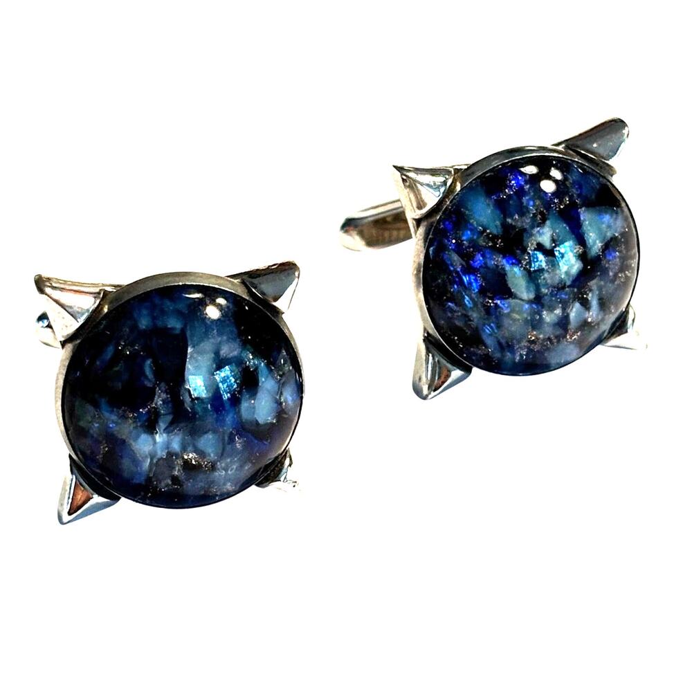 Vintage Mid Century 60's Hickok Cufflinks silver & blue polished marble rounds